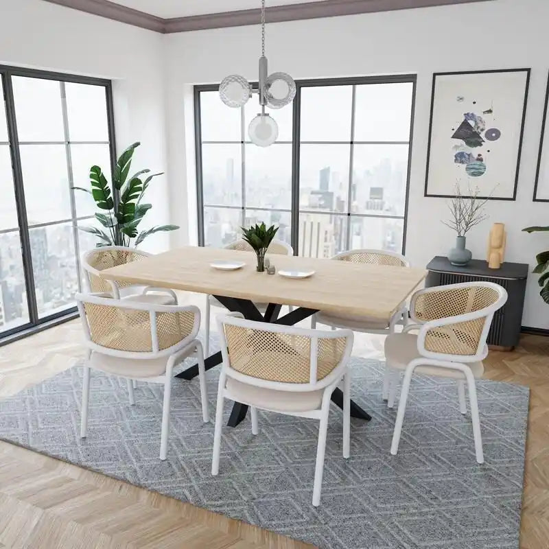 Dining Arm Chair – Grey / Beige / White / Black, Velvet Seat, Rattan Back, Powder-Coated Steel Legs, Mid-Century Modern Style, Seats 1