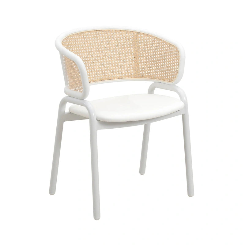 Dining Arm Chair – Grey / Beige / White / Black, Velvet Seat, Rattan Back, Powder-Coated Steel Legs, Mid-Century Modern Style, Seats 1