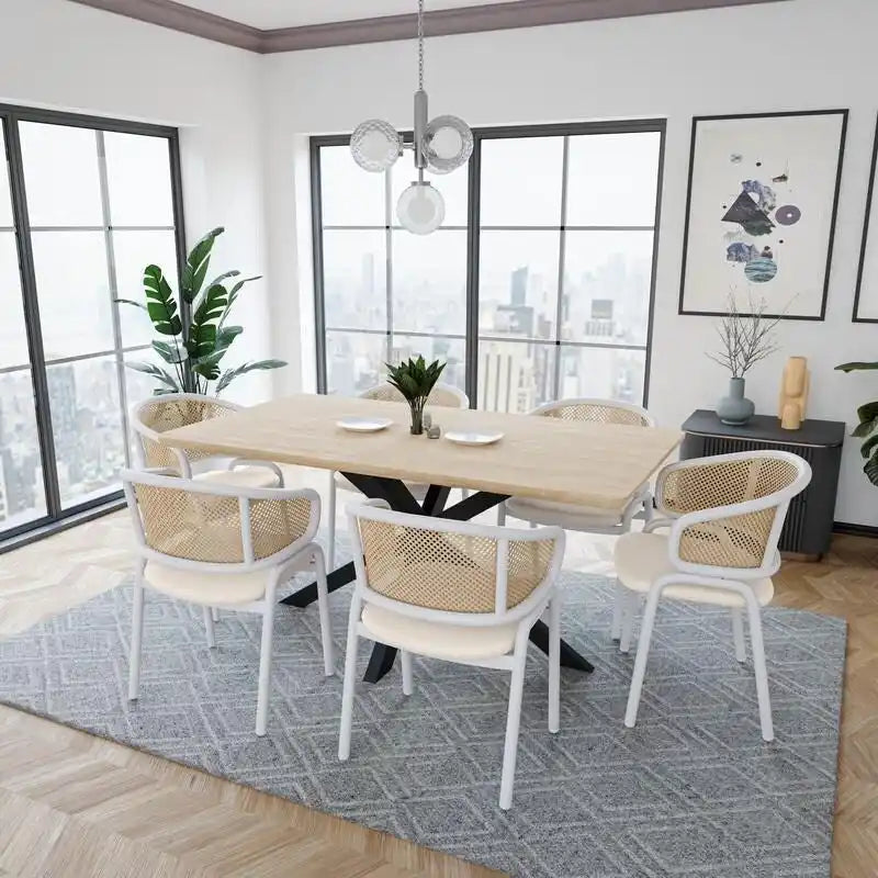 Dining Arm Chair – Grey / Beige / White / Black, Velvet Seat, Rattan Back, Powder-Coated Steel Legs, Mid-Century Modern Style, Seats 1