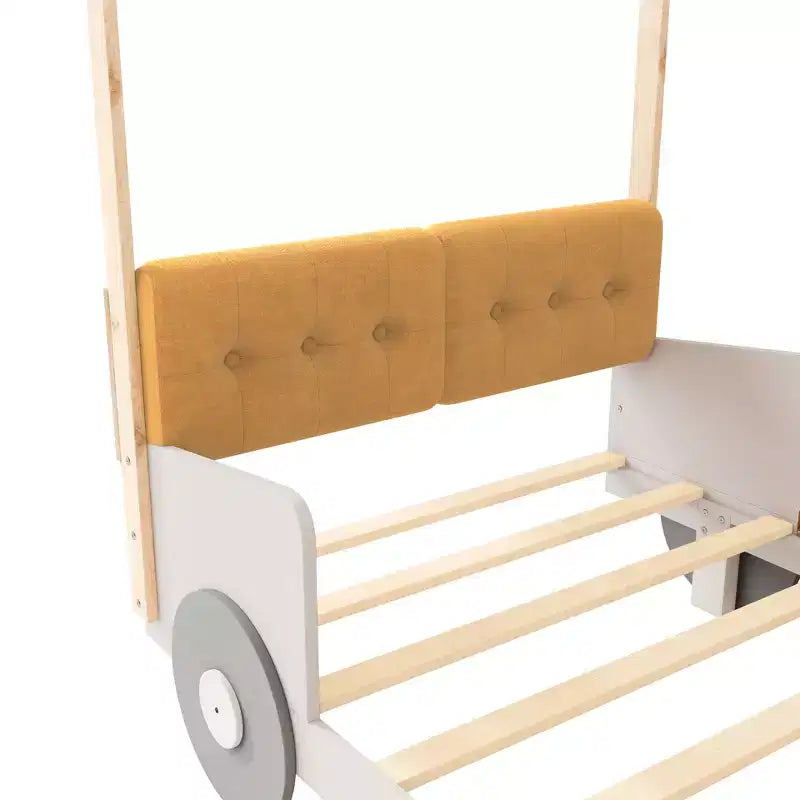Whisen Holzauto-Bett mit Kissen, Himmelsstoff und LED – Natur