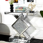 Geometric Mirrored Console Table – Silver, Glam Style, Diamond Lattice Base