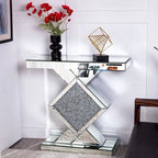 Geometric Mirrored Console Table – Silver, Glam Style, Diamond Lattice Base