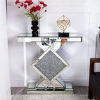 Geometric Mirrored Console Table – Silver, Glam Style, Diamond Lattice Base