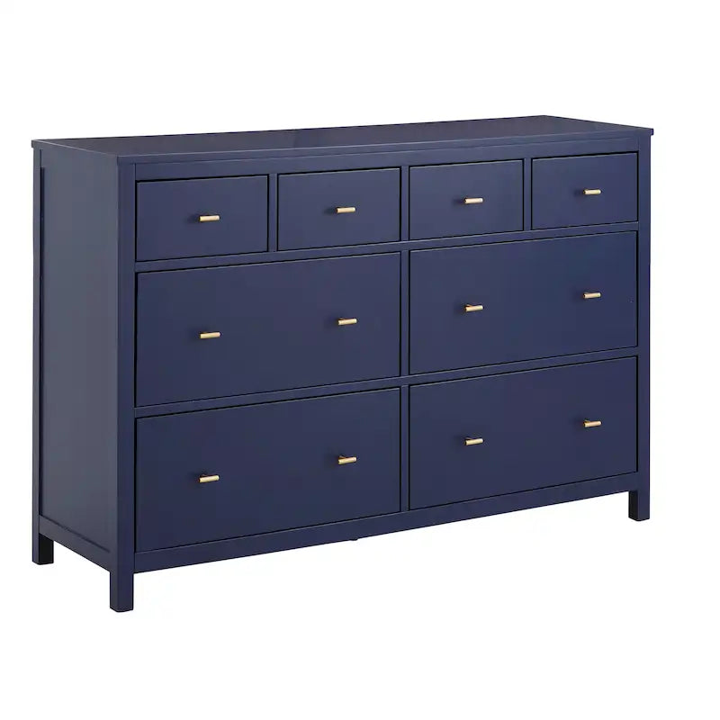 8-Drawer Dresser – White / Blue, Gold Pulls, Rubberwood & Plywood, Modern Style