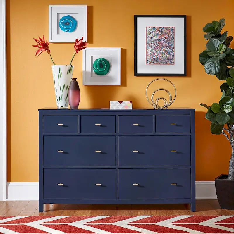 8-Drawer Dresser – White / Blue, Gold Pulls, Rubberwood & Plywood, Modern Style
