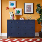 8-Drawer Dresser – White / Blue, Gold Pulls, Rubberwood & Plywood, Modern Style