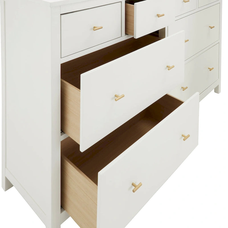 8-Drawer Dresser – White / Blue, Gold Pulls, Rubberwood & Plywood, Modern Style