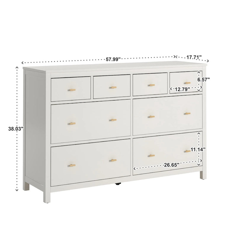 8-Drawer Dresser – White / Blue, Gold Pulls, Rubberwood & Plywood, Modern Style