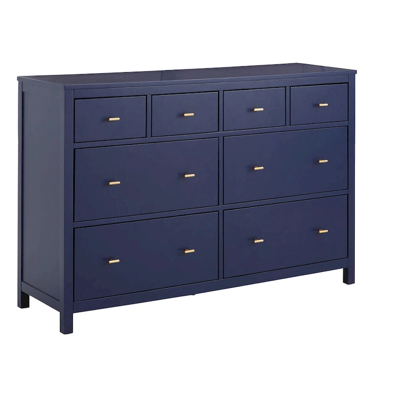 8-Drawer Dresser – White / Blue, Gold Pulls, Rubberwood & Plywood, Modern Style