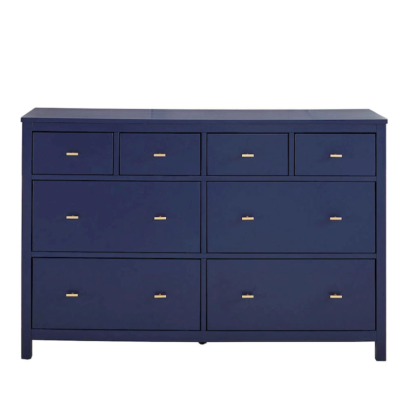 8-Drawer Dresser – White / Blue, Gold Pulls, Rubberwood & Plywood, Modern Style