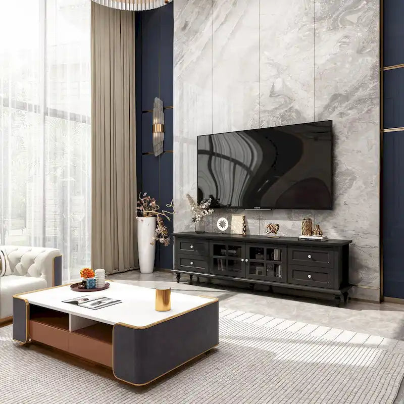 70.9-Inch TV Stand – White, Modern Style, Tempered Glass Doors & 4 Drawers