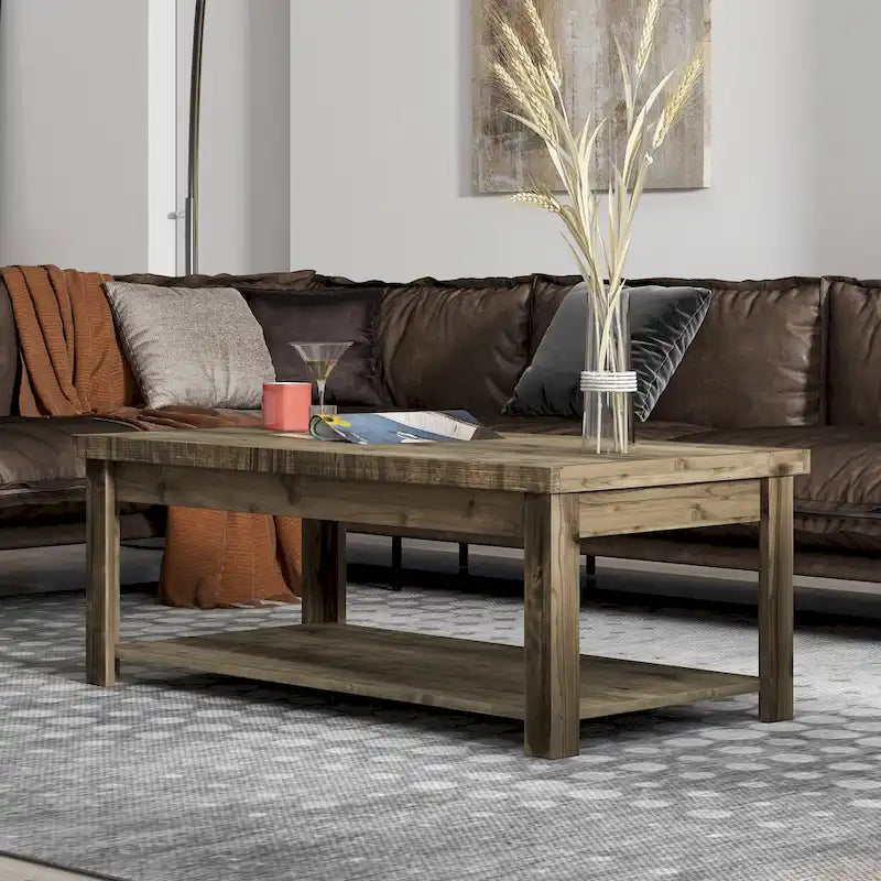 48-Inch Rustic Coffee Table – Barnwood, Knotty Alder Wood, 1 Lower Shelf