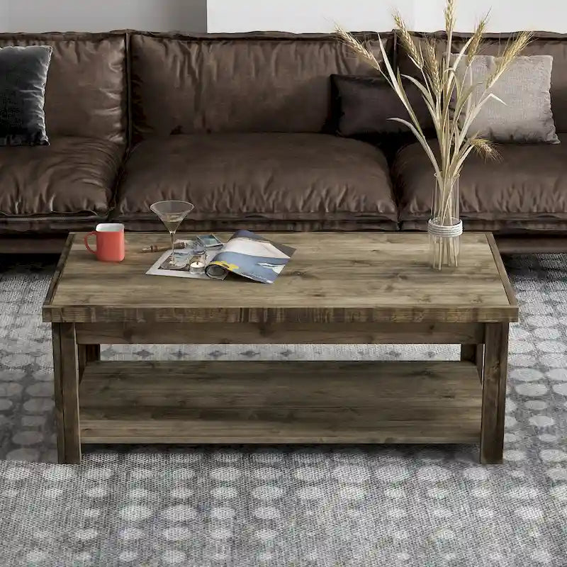 48-Inch Rustic Coffee Table – Barnwood, Knotty Alder Wood, 1 Lower Shelf