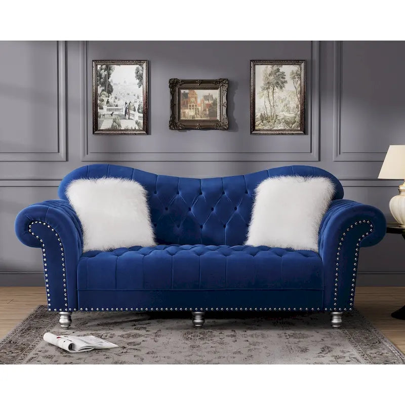 Chesterfield Camelback Sofa – Beige / Grey / Blue, Tufted Velvet, Rolled Arms, Seats 3