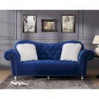 Chesterfield Camelback Sofa – Beige / Grey / Blue, Tufted Velvet, Rolled Arms, Seats 3