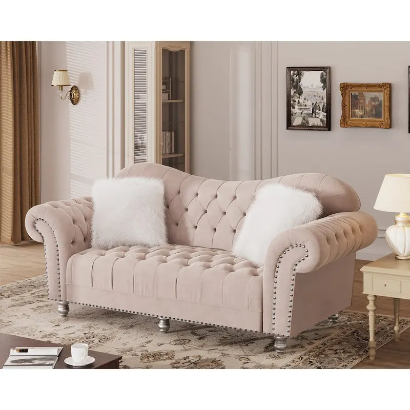 Chesterfield Camelback Sofa – Beige / Grey / Blue, Tufted Velvet, Rolled Arms, Seats 3