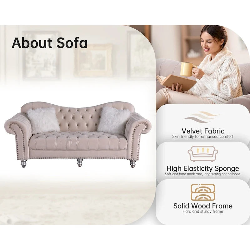Chesterfield Camelback Sofa – Beige / Grey / Blue, Tufted Velvet, Rolled Arms, Seats 3