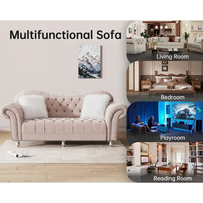 Chesterfield Camelback Sofa – Beige / Grey / Blue, Tufted Velvet, Rolled Arms, Seats 3