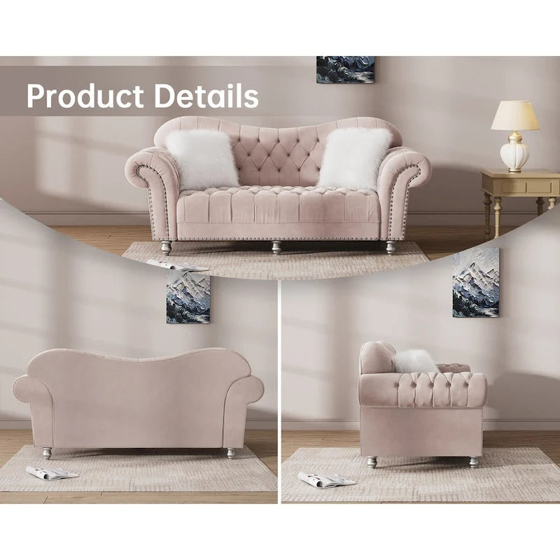 Chesterfield Camelback Sofa – Beige / Grey / Blue, Tufted Velvet, Rolled Arms, Seats 3