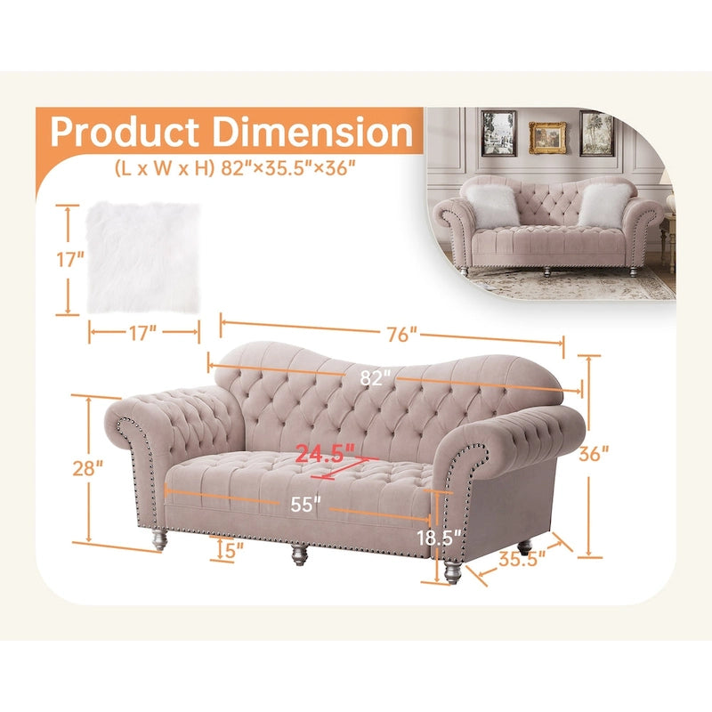 Chesterfield Camelback Sofa – Beige / Grey / Blue, Tufted Velvet, Rolled Arms, Seats 3