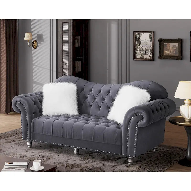 Chesterfield Camelback Sofa – Beige / Grey / Blue, Tufted Velvet, Rolled Arms, Seats 3