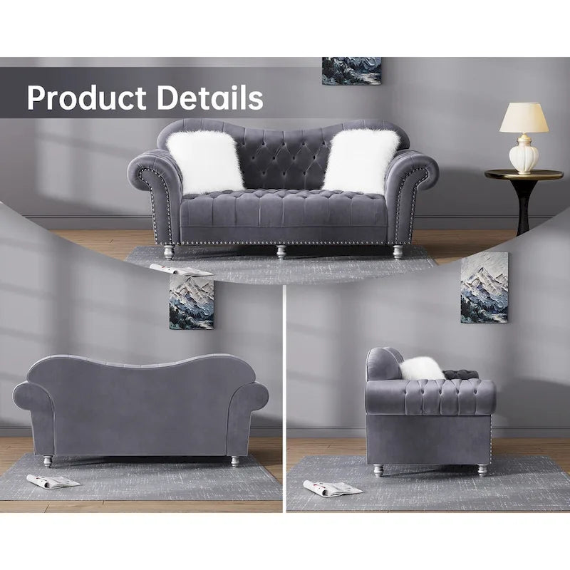 Chesterfield Camelback Sofa – Beige / Grey / Blue, Tufted Velvet, Rolled Arms, Seats 3