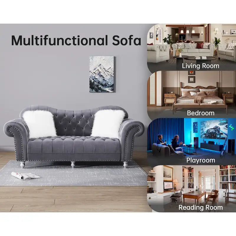 Chesterfield Camelback Sofa – Beige / Grey / Blue, Tufted Velvet, Rolled Arms, Seats 3
