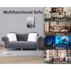 Chesterfield Camelback Sofa – Beige / Grey / Blue, Tufted Velvet, Rolled Arms, Seats 3