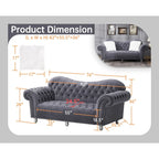 Chesterfield Camelback Sofa – Beige / Grey / Blue, Tufted Velvet, Rolled Arms, Seats 3