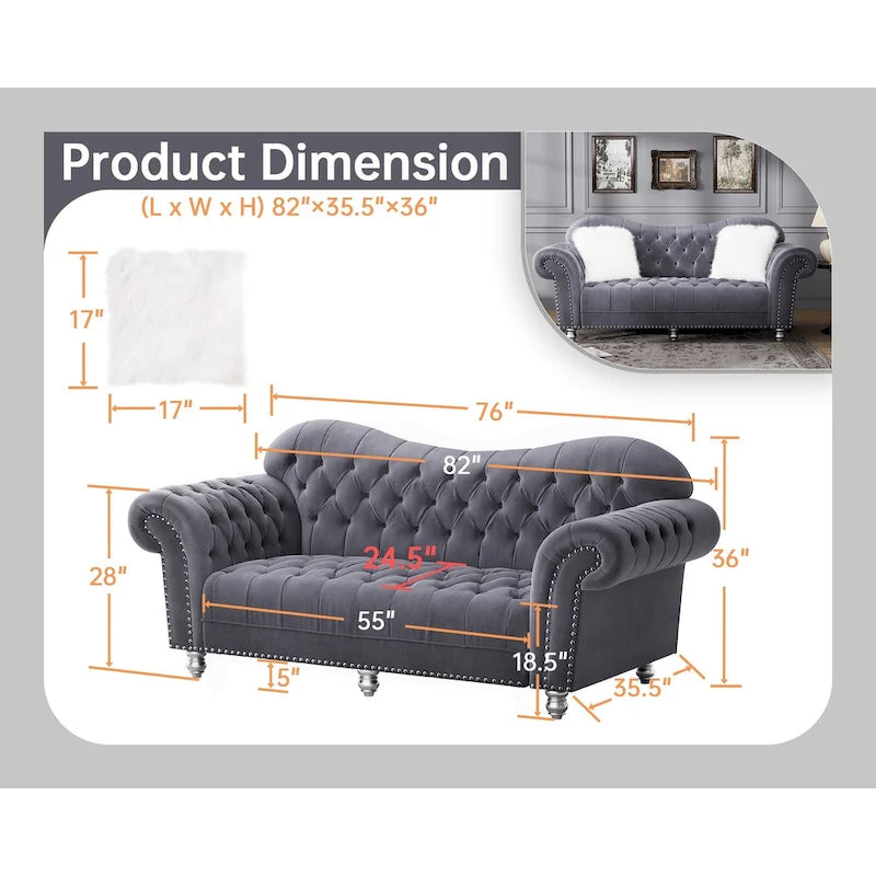 Chesterfield Camelback Sofa – Beige / Grey / Blue, Tufted Velvet, Rolled Arms, Seats 3