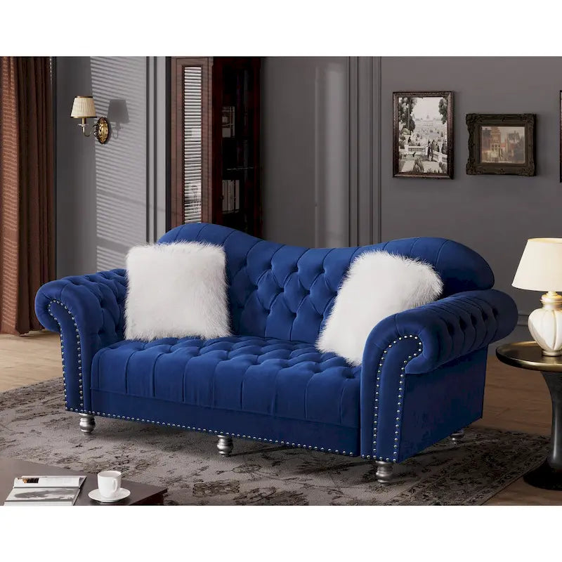 Chesterfield Camelback Sofa – Beige / Grey / Blue, Tufted Velvet, Rolled Arms, Seats 3