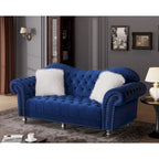 Chesterfield Camelback Sofa – Beige / Grey / Blue, Tufted Velvet, Rolled Arms, Seats 3