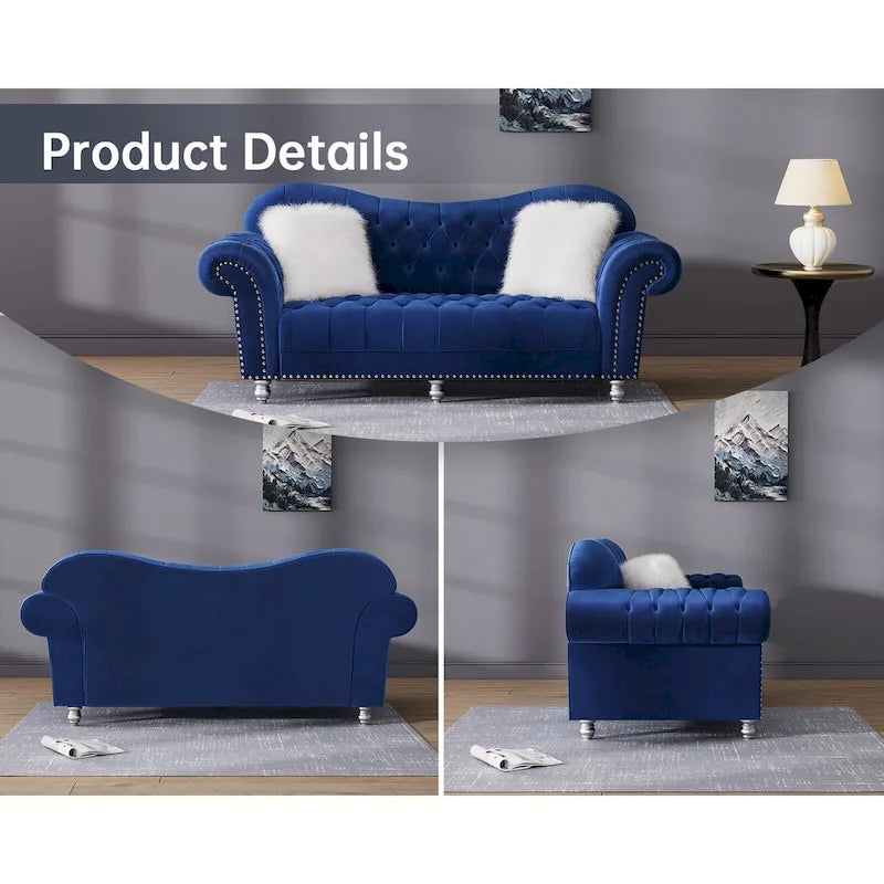 Chesterfield Camelback Sofa – Beige / Grey / Blue, Tufted Velvet, Rolled Arms, Seats 3