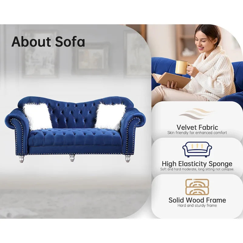 Chesterfield Camelback Sofa – Beige / Grey / Blue, Tufted Velvet, Rolled Arms, Seats 3