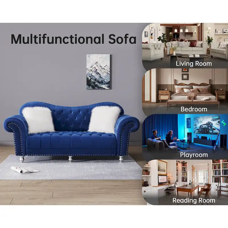 Chesterfield Camelback Sofa – Beige / Grey / Blue, Tufted Velvet, Rolled Arms, Seats 3