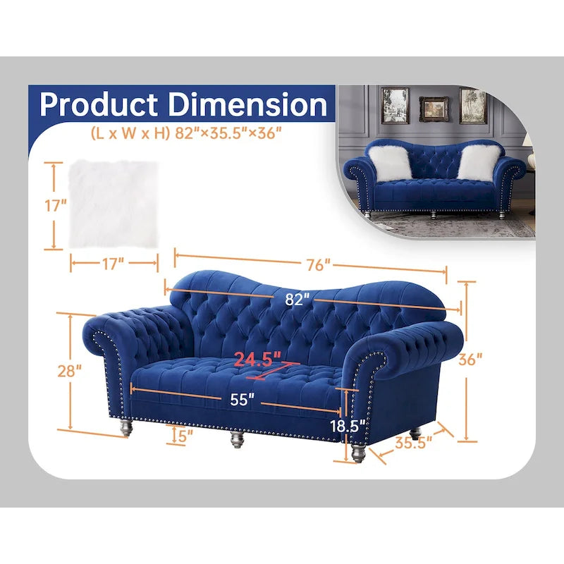 Chesterfield Camelback Sofa – Beige / Grey / Blue, Tufted Velvet, Rolled Arms, Seats 3