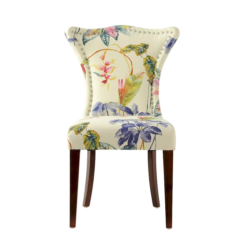 Armless Upholstered Dining Chair – Off-White Floral / Gold Floral / Moss Green / Jet Black / Brown Floral / Midnight Blue, Curved Back, Nailhead Trim, Seats 1