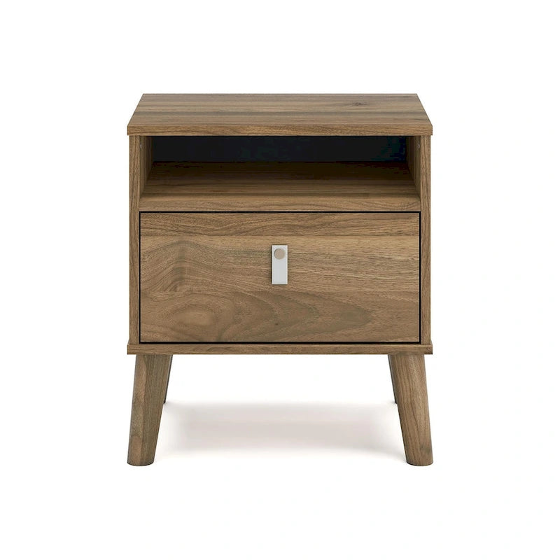 Nightstand – Honey / White, Replicated Wood Grain, Faux Leather Drawer Pull, Splay Legs, Contemporary Style