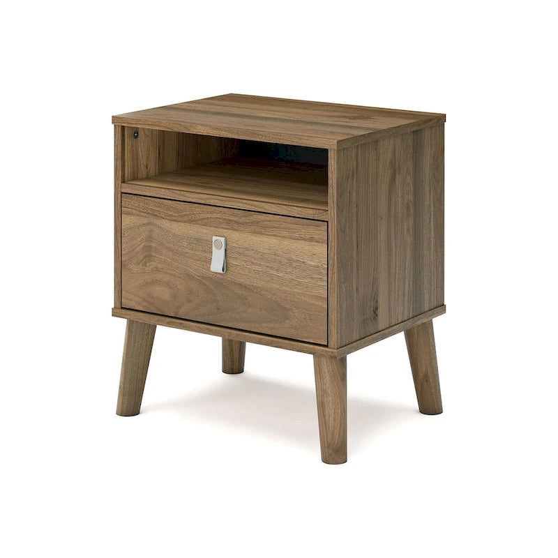 Nightstand – Honey / White, Replicated Wood Grain, Faux Leather Drawer Pull, Splay Legs, Contemporary Style
