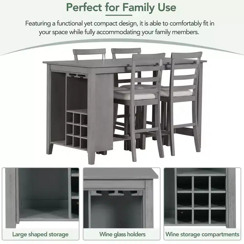 Landhaus Esstischgruppe, 5-teilig, Tresenhöhe, mit 4 Stühlen, rechteckiger Holztisch mit Ablagefächern und Barfach/Weinregal
