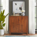 2-Door Buffet Sideboard – Tobacco Brown, Acacia Veneer & Rubberwood, Black Metal Knobs, Mid-Century Modern Style
