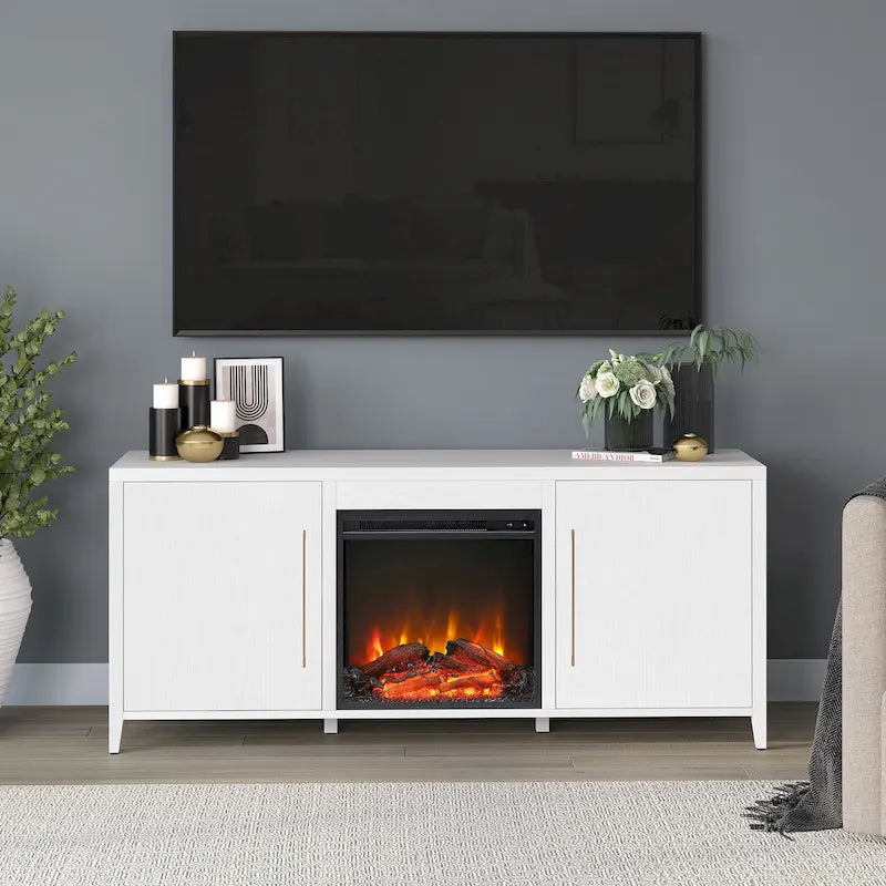 Rectangular TV Stand with Electric Fireplace – Black Grain / White / Charcoal Gray, Modern Style, Fits TVs up to 65 Inches