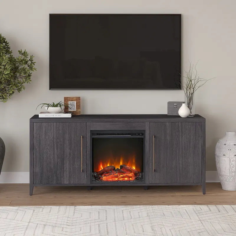 Rectangular TV Stand with Electric Fireplace – Black Grain / White / Charcoal Gray, Modern Style, Fits TVs up to 65 Inches