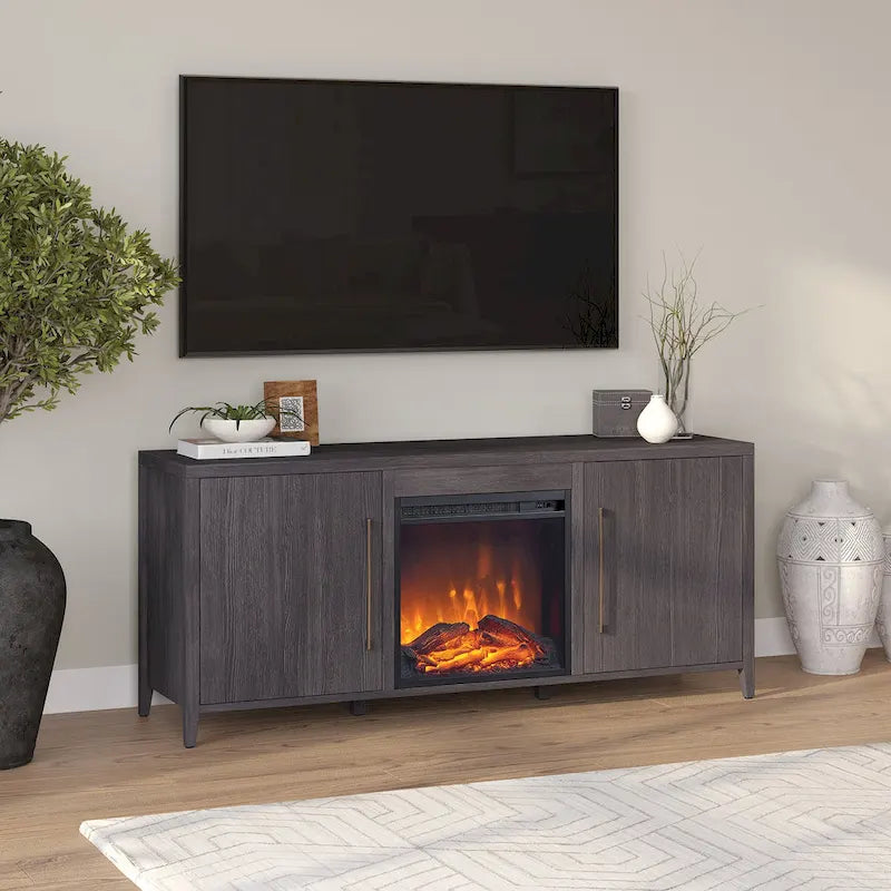 Rectangular TV Stand with Electric Fireplace – Black Grain / White / Charcoal Gray, Modern Style, Fits TVs up to 65 Inches