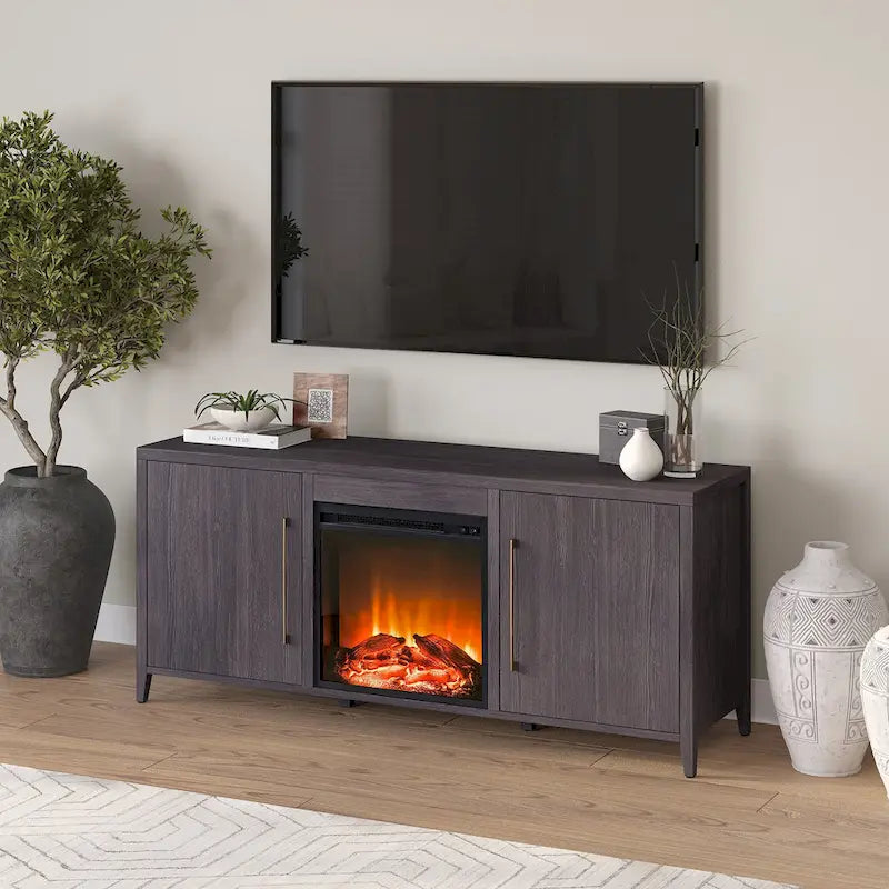 Rectangular TV Stand with Electric Fireplace – Black Grain / White / Charcoal Gray, Modern Style, Fits TVs up to 65 Inches