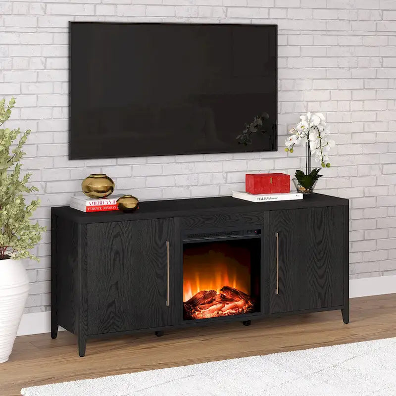 Rectangular TV Stand with Electric Fireplace – Black Grain / White / Charcoal Gray, Modern Style, Fits TVs up to 65 Inches