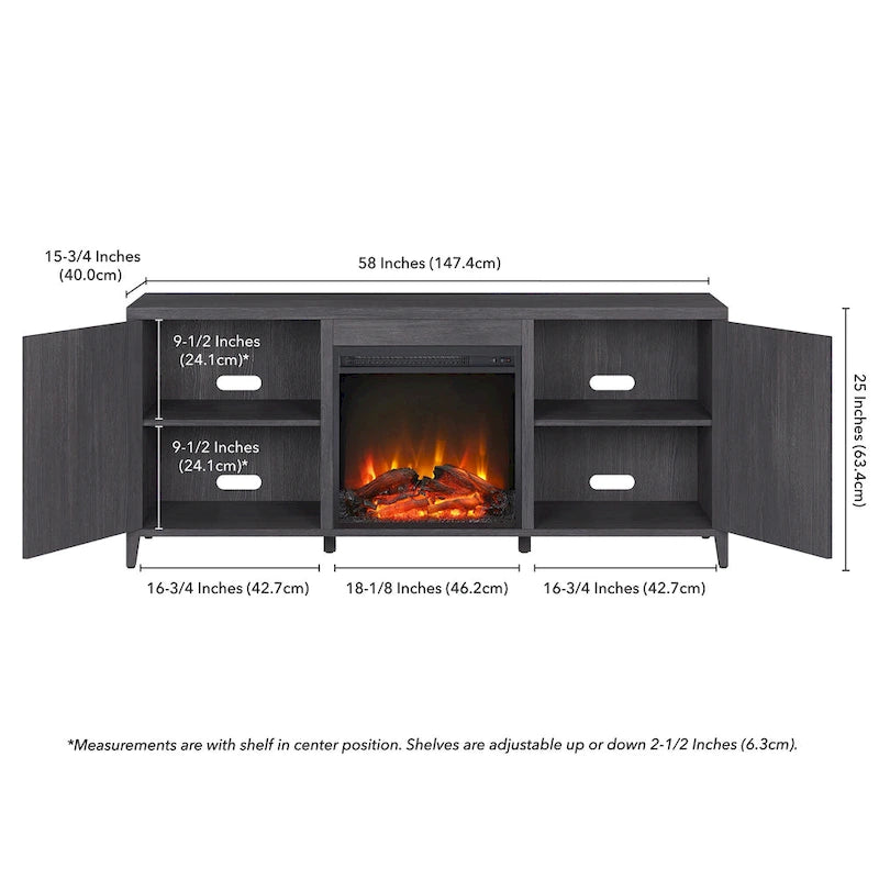 Rectangular TV Stand with Electric Fireplace – Black Grain / White / Charcoal Gray, Modern Style, Fits TVs up to 65 Inches