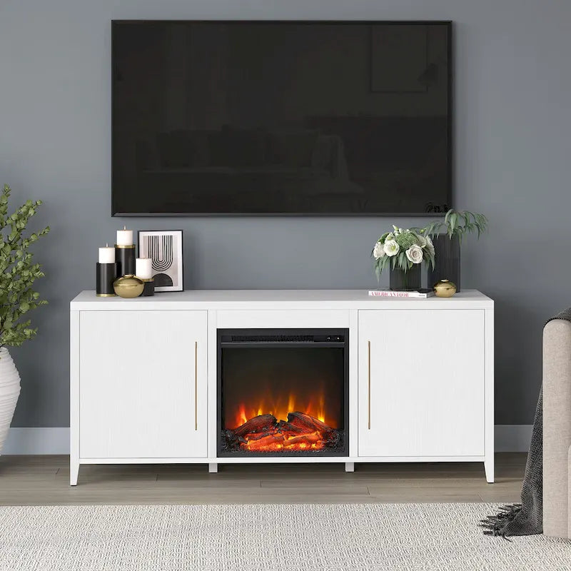 Rectangular TV Stand with Electric Fireplace – Black Grain / White / Charcoal Gray, Modern Style, Fits TVs up to 65 Inches
