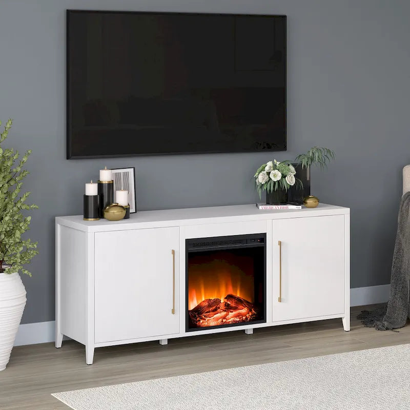 Rectangular TV Stand with Electric Fireplace – Black Grain / White / Charcoal Gray, Modern Style, Fits TVs up to 65 Inches