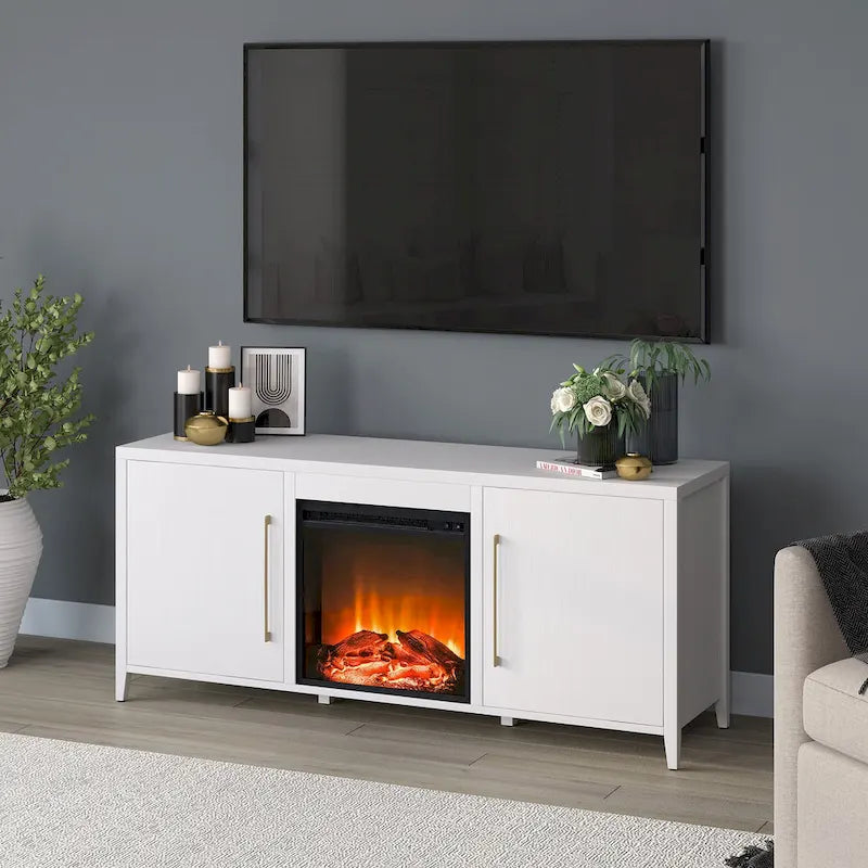 Rectangular TV Stand with Electric Fireplace – Black Grain / White / Charcoal Gray, Modern Style, Fits TVs up to 65 Inches